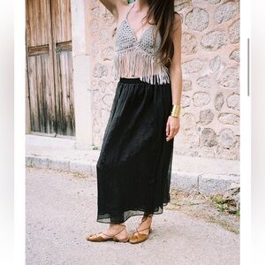 Zara Organza Midi Skirt Rustic Black Mid Rise Size L Women’s New Boho 4387/270